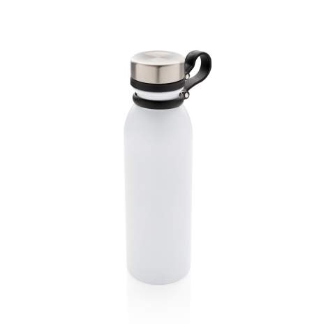 Diese doppelwandige Kupfer-Vakuumisolierte Trinkflasche hält Ihre Getränke bis zu 8h warm und bis zu 24h kalt. Der schwarze Trageriemen aus Silikon ist ebenso am Deckel befestigt und muss somit beim Trinken nicht noch separat festgehalten werden. Die weiß-graue ist PMS Cool Gray 1. Inhalt: 600ml. Nur Handwäsche.<br /><br />HoursHot: 8<br />HoursCold: 24