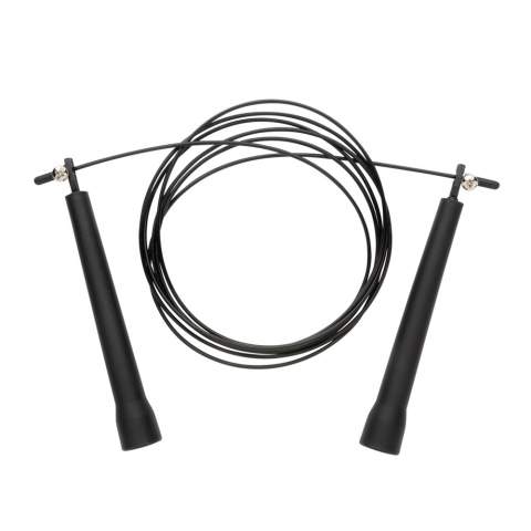This adjustable  jump rope  is perfect for integrating high-intensity cardio training into any workout.Increases the heart rate, burns calories and enhances coordination. The length can be easily adjusted to accommodate different users. Made of super-lightweight plastic (PP) for optimal speed and comfortable handles. The jump rope comes in a black pouch for easy carrying.