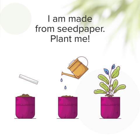 WoW! Bookmark made from 100% recycled and recyclable seed paper. Including full colour imprint on one side. A mix of flower seeds is glued between two layers of recycled waste paper (40 g/m²). Simply tear the biodegradable paper into pieces, plant it in some soil and water. The seeds will grow into flowers or herbs. A great way to lend nature a hand. The field flower mix consists of: Chrysanthemum parthenium, Gypsophila elegans, Antirrhinum majus, Iberis umbellata, Lobularia maritima, Ageratum mexicanum, Petunia nana, Salvia Coccinia, Godetia Grandiflora, Dorotheanthus bellidiformis. This product cannot be printed on the entire surface because the ink prevents the seeds from germinating.