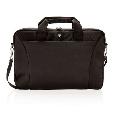 Carry your 15.4” laptop to and from work inside this slim 600D with 1680D polyester laptop bag from Swiss Peak. Includes a padded pocket for your laptop, a separate pocket to hold your iPad or tablet, and a front zippered extensive organiser with pen sleeves and pockets to hold all of your small accessories. Also comes with a rear luggage opening that can be slid over the handle of your upright rolling suitcase. Versatile carrying options with the adjustable & detachable shoulder strap. PVC free.<br /><br />FitsLaptopTabletSizeInches: 15.4<br />PVC free: true
