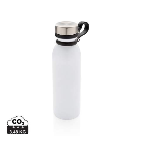 Diese doppelwandige Kupfer-Vakuumisolierte Trinkflasche hält Ihre Getränke bis zu 8h warm und bis zu 24h kalt. Der schwarze Trageriemen aus Silikon ist ebenso am Deckel befestigt und muss somit beim Trinken nicht noch separat festgehalten werden. Die weiß-graue ist PMS Cool Gray 1. Inhalt: 600ml. Nur Handwäsche.<br /><br />HoursHot: 8<br />HoursCold: 24