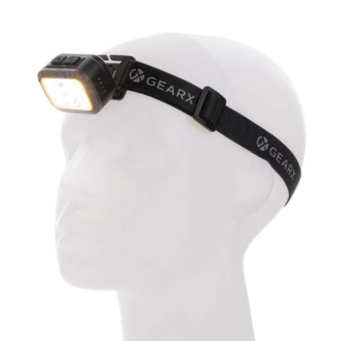 Heavy duty headtorch with integrated high power COB and LED light. The head torch can produce up to 250 lumen and has a beam distance of 70 metres. The casing of the head torch is is made out of RCS certified recycled ABS plastic. RCS (Recycled Claim Standard) is a standard to verify the recycled content of a product throughout the whole supply chain. Total recycled content: 23 % based on total item weight. The head torch is IPX4 waterproof and dust resistant. With adjustable headband to fit all sizes. The head torch has a 800 mAh rechargeable lithium battery that allows 3 hours of non-stop usage on one charge. With 6 light modes that include 100%-50% and SOS mode. Re-charging is easy via type C.<br /><br />Lightsource: COB LED<br />LightsourceQty: 7<br />PVC free: true