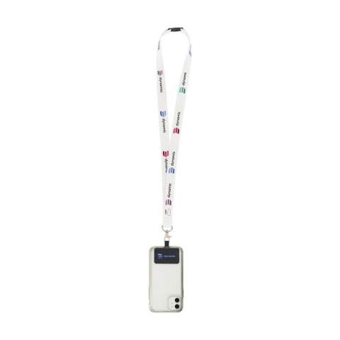 Solide lanyard en polyester RPET tissé (fabriquée à partir de bouteilles en PET recyclées). Fourni avec un mousqueton en métal, un patch universel et une attache de sécurité en plastique.  Le patch permet d'attacher votre smartphone à votre lanyard. Ce système vous permet de porter votre smartphone en toute sécurité autour de votre cou. Vous aurez ainsi votre téléphone rapidement à portée de main et vous garderez les mains et les poches de vos vêtements libres. Ce patch est compatible avec la plupart des combinaisons de smartphones et de coques, mais pas avec les coques à fond ouvert. Le système est conçu pour que le port de chargement de votre téléphone ne soit pas bloqué, même lorsque le téléphone est attaché au lanyard.   Comprend un marquage par sublimation en couleur sur le lanyard. Fabriqué en Europe.