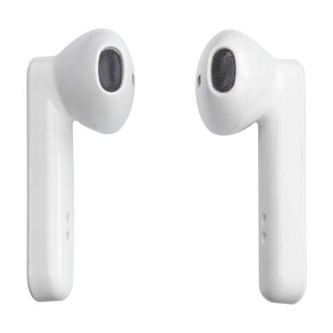 Set with true wireless earbuds in a rechargeable storage case. The 2 earbuds use Bluetooth (version 5.0) for a smooth connection and have a 35 mAh battery which allows for playing time up to 3 hours and can be recharged again in about 1 hour. Listen to music and answer calls hands-free without limitation of movement. With outstanding sound reproduction and adjustable volume. Input 5V/1A. Wireless output: 5V/1A. Range up to 10 meters. Includes micro-USB charging cable and user manual. Each item is individually boxed.