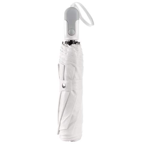 Beau parapluie pliable avec manche et poignée au design ergonomique. Les nervures du cadre sont en fibre de verre pour une durabilité accrue. Le cadre noir contraste agréablement avec le baldaquin blanc.