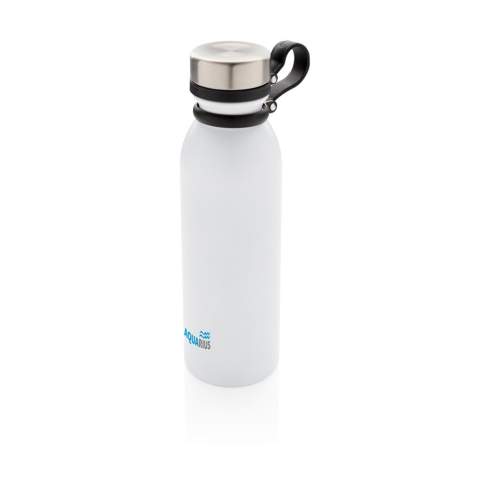 Diese doppelwandige Kupfer-Vakuumisolierte Trinkflasche hält Ihre Getränke bis zu 8h warm und bis zu 24h kalt. Der schwarze Trageriemen aus Silikon ist ebenso am Deckel befestigt und muss somit beim Trinken nicht noch separat festgehalten werden. Die weiß-graue ist PMS Cool Gray 1. Inhalt: 600ml. Nur Handwäsche.<br /><br />HoursHot: 8<br />HoursCold: 24
