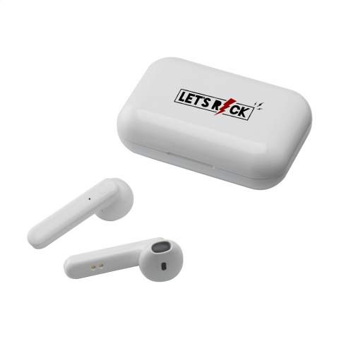 Set with true wireless earbuds in a rechargeable storage case. The 2 earbuds use Bluetooth (version 5.0) for a smooth connection and have a 35 mAh battery which allows for playing time up to 3 hours and can be recharged again in about 1 hour. Listen to music and answer calls hands-free without limitation of movement. With outstanding sound reproduction and adjustable volume. Input 5V/1A. Wireless output: 5V/1A. Range up to 10 meters. Includes micro-USB charging cable and user manual. Each item is individually boxed.