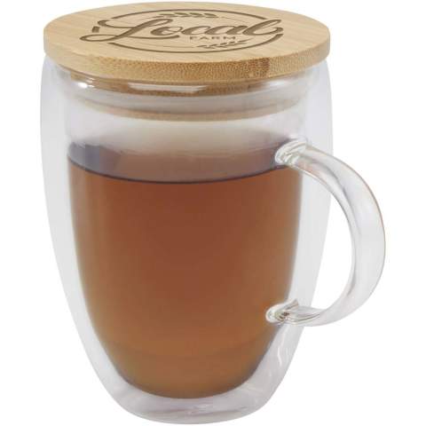 350 ml double-walled glass cup providing insulation, keeping drinks warm for longer. The included bamboo lid provides additional insulation, helps prevent spills and preserve the drink’s aroma, making it a practical choice for daily use.