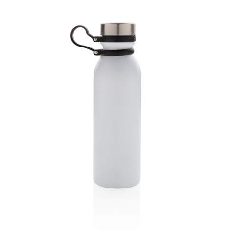 Diese doppelwandige Kupfer-Vakuumisolierte Trinkflasche hält Ihre Getränke bis zu 8h warm und bis zu 24h kalt. Der schwarze Trageriemen aus Silikon ist ebenso am Deckel befestigt und muss somit beim Trinken nicht noch separat festgehalten werden. Die weiß-graue ist PMS Cool Gray 1. Inhalt: 600ml. Nur Handwäsche.<br /><br />HoursHot: 8<br />HoursCold: 24