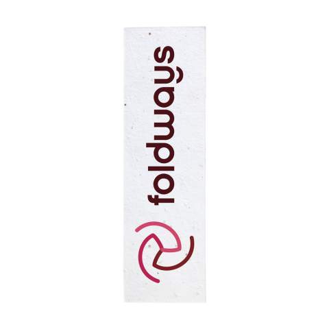 WoW! Bookmark made from 100% recycled and recyclable seed paper. Including full colour imprint on one side. A mix of flower seeds is glued between two layers of recycled waste paper (40 g/m²). Simply tear the biodegradable paper into pieces, plant it in some soil and water. The seeds will grow into flowers or herbs. A great way to lend nature a hand. The field flower mix consists of: Chrysanthemum parthenium, Gypsophila elegans, Antirrhinum majus, Iberis umbellata, Lobularia maritima, Ageratum mexicanum, Petunia nana, Salvia Coccinia, Godetia Grandiflora, Dorotheanthus bellidiformis. This product cannot be printed on the entire surface because the ink prevents the seeds from germinating.