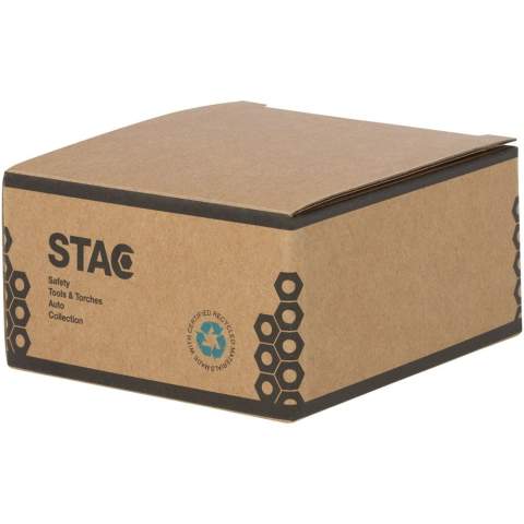 5 meter stalen en ijzeren meetlint inclusief ijzeren riemclip en polyester polsband. Geeft centimeters en inches weer. De hoes is gemaakt van 17% RCS-gecertificeerd gerecycled plastic en 3% gerecycled TPE. De Recycled Claim Standard (RCS) controleert de gerecyclede inhoud van een product in de hele toeleveringsketen. Verpakt in een STAC-geschenkverpakking van duurzame bronnen.