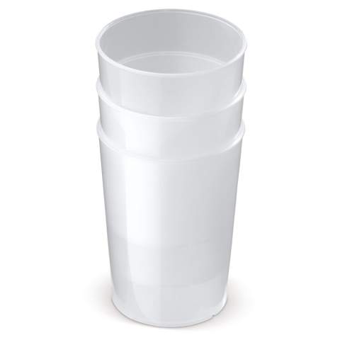 Gobelets réutilisables. L'alternative écologique aux gobelets jetables. Ces gobelets robustes et incassables sont empilables et fabriqués dans un plastique respectant les réglementations les plus strictes en matière de sécurité alimentaire. Ils sont 100% recyclables.