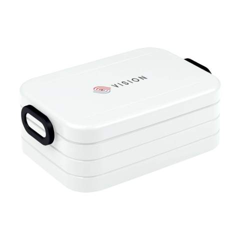 Luxury ABS lunch box made by Mepal. With removable divider and handy click closure. The lid closes perfectly and has a sealing ring to keep the contents fresh. A premium high-quality product. Volume 900 ml. Suitable for max. 4 sandwiches. Food Approved. Comes with a 2-year Mepal manufacturer's warranty. Made in Holland.       STOCK AVAILABILITY: Up to 1000 pcs accessible within 10 working days plus standard lead-time. Subject to availability.