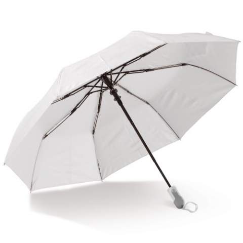 Schöner faltbarer Regenschirm mit Hülle und ergonomischem Designgriff. Die Verstrebungen des Gestells sind aus Fiberglas für zusätzliche Haltbarkeit. Das schwarze Gestell bildet einen schönen Kontrast zum weißen Schirmdach.