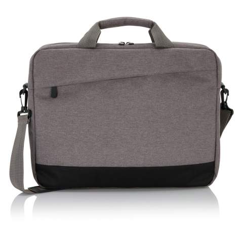 Protect and store your 15.6” laptop in style in this trendy 600D duo tone polyester laptop bag. 2 sided main compartment for your gear. Front slanted zippered accessory pocket. PVC Free.<br /><br />FitsLaptopTabletSizeInches: 15.6<br />PVC free: true