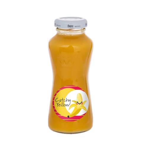200 ml mango banana smoothie in a glass bottle with white cap.