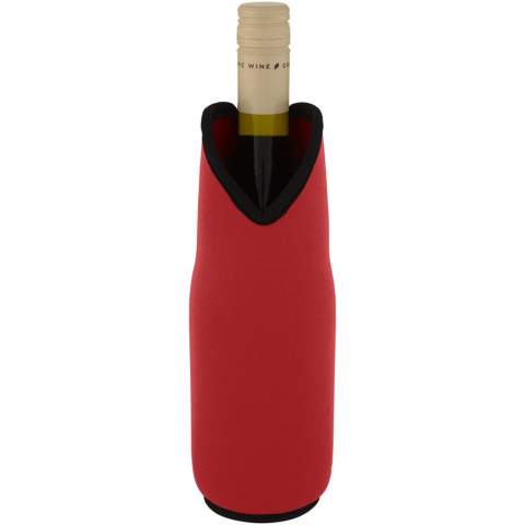 Recycled neoprene wine sleeve holder with fine stitching and extra insulation to keep the wine cool for a longer time, while also making the bottle comfortable to hold. It stretches and expands to fit all kinds of bottle sizes to hold the bottle tight in place. It also protects your wine bottle from breakage during transport.
