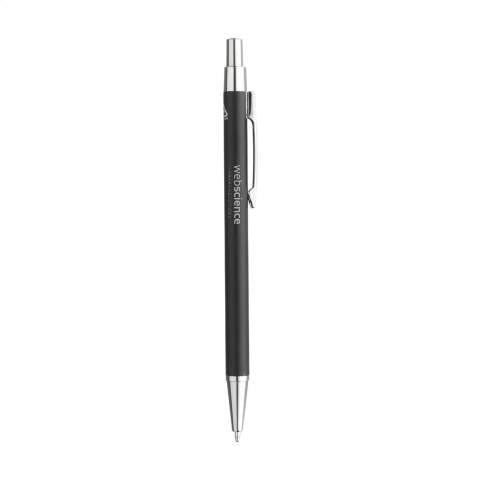 WoW! Blauwschrijvende balpen met een slanke houder van aluminium schrootafval. De houder van deze pen bestaat uit 85% gecertificeerd, gerecycled aluminium. Met stevige metalen clip en drukknop.     Door het gebruik van gerecycled aluminium worden er minder nieuwe grondstoffen gebruikt tijdens de productie van dit product. Dit betekent minder energieverbruik en minder gebruik van water.