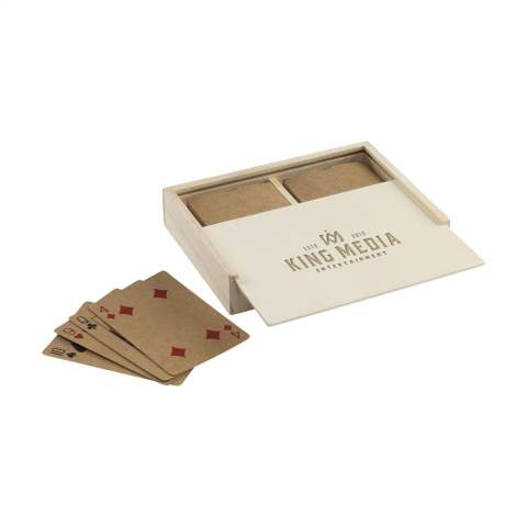 WoW! Two decks of playing cards made from high-quality recycled kraft paper (250 g/m²). This game consists of 52 playing cards and 2 jokers. Stored in a box made from recycled cardboard. The back of these cards all have the same standard image. These decks of cards are supplied in a pinewood storage box with a sliding lid.