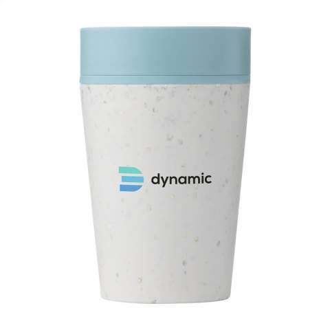 Double-walled, circular reusable coffee-to-go cup with lid from Circular&Co. The outer insulating layer of this cup is made from used, recycled single-use paper coffee cups. With inner wall and lid made of PP. 100% leak free. The insulating effect keeps your hot drink hotter and cold drink colder for longer. The lid is designed with patented 360-degree technology, which allows you to sip from any angle. The coffee cup can be opened and closed with one hand and one click. Ideal for on the go. Food Safe, BPA-free and Melamine-free. 100% recyclable. Capacity 227 ml.  EXTRA INFO: With a minimum order of 5,000 pieces, the lid of this product is available in any PMS colour. A way to create a perfect match between product and imprint.