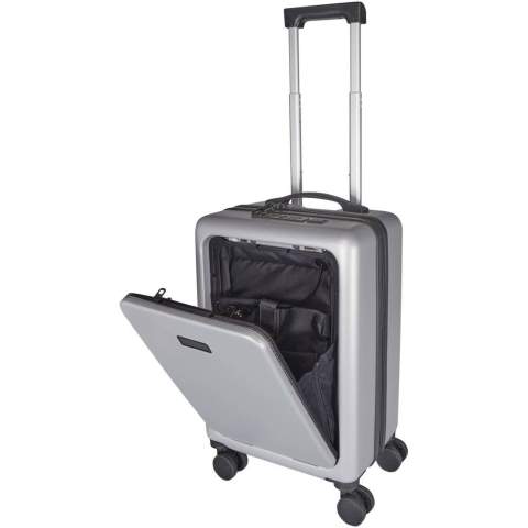Der Rover Pro 20"-Kabinentrolley überzeugt durch sein nach vorne offenes 20"-Laptopfach und den integrierten USB-Ladeanschluss und ist damit der ideale Reisebegleiter für Geschäfts- und Freizeitreisen. Dieser Trolley besteht aus stoßfestem, GRS-zertifiziertem Recycling-Kunststoff und hochwertigem RPET-Futter. Er verfügt über ein nach vorne offenes Laptopfach mit Organisationsfächern für elektronisches Zubehör und ein TSA-Kombinationsschloss für das Hauptfach und das nach vorne offene Fach. Der Trolley ist außerdem mit 360°-Doppelrollen ausgestattet, die das Manövrieren am Flughafen erleichtern. Er kann bei den meisten Fluggesellschaften als Handgepäck mitgenommen werden.