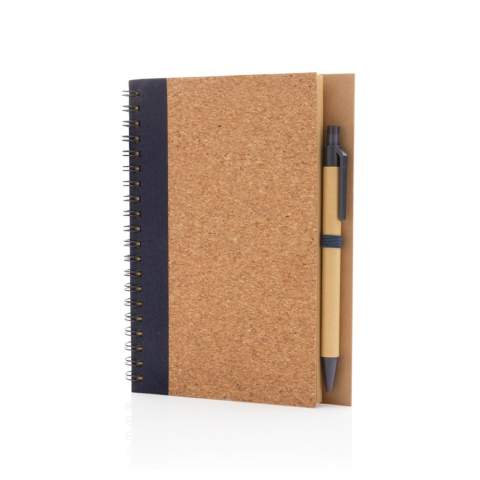 Keep track of your thoughts, notes, plans, to-do's and more with this cork spiral notebook with pen. The notebook features lined 70 gr cream coloured recycled paper with 70 sheets / 140 pages. The notebook has a colour matching kraft barrel pen. The writing length of the pen is 600m with blue German Dokumental ink.<br /><br />NotebookFormat: Other<br />NumberOfPages: 140<br />PaperRulingLayout: Lined pages
