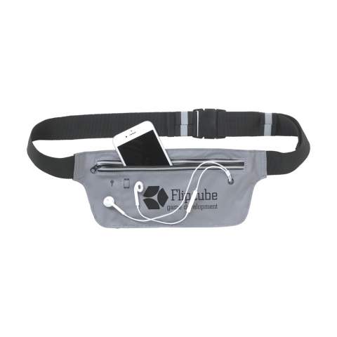 Waterproof waist bag made of comfortable elastic material. With a watertight zip, pocket for mobile phone, with opening for earphones. Separate compartment for keys. Adjustable, tightly woven belt with a plastic snap closure and reflective belt loops. Girth up to 104 cm.