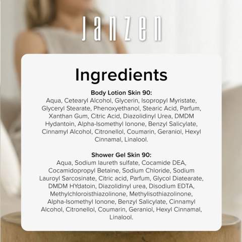 Brievenbuspakket met 2 verzorgingsproducten in de geur Black 22 van het merk Janzen. Inhoud: • Shower Gel - 50 ml • Hand & Body Lotion - 50 ml.    Opgewekt en vrolijk, dat is Skin 90. De kersenbloesem heeft in Japan een haast heilige status. Met haar lichtroze blaadjes en aangename geur is de boom een waar feest voor de zintuigen. Het subtiele van de kersenbloesem wordt in dit parfum afgewisseld met het frisse van de lelie en krachtige van de tonkaboon.    Deze giftset zit in een stijlvolle verpakking die qua formaat perfect door de brievenbus past. Ideaal als direct mailing en een persoonlijke attentie voor de ontvanger.