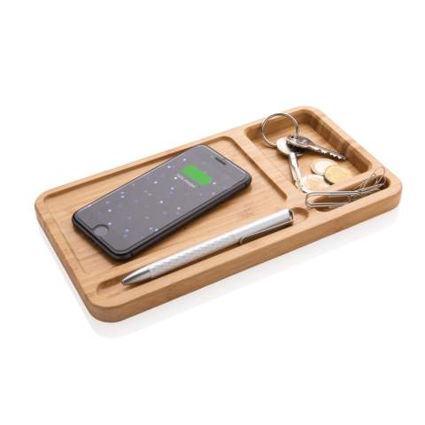 Het perfecte item voor op uw bureau of tafel! Met deze bamboe bureau-organizer kunt u uw bureau opgeruimd houden en uw telefoon opladen zonder kabels. Inclusief 150 cm micro USB-kabel om de lader op een stroombron aan te sluiten. 5W draadloos opladen. Draadloos opladen compatibel met alle QI-apparaten zoals Android nieuwste generatie, iPhone 8 en hoger Input: DC 5V/1.5A. Output: 5V/800mA.<br /><br />WirelessCharging: true