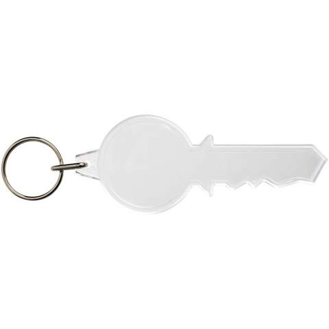 Clear key-shaped keychain with metal split keyring. The metal looped ring offers a flat profile which is ideal for mailings. Print insert dimensions: 7,9 cm x 3,2 cm.