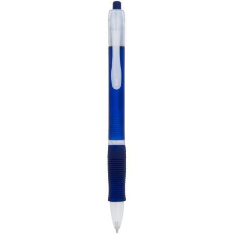 Colourful click action ballpoint pen with transparent barrel and matching colour rubberized grip.