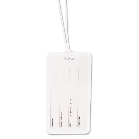 Etiquette pour bagage en PVC. À l'intérieur de l'étiquette se trouve une carte amovible sur laquelle vous pouvez inscrire vos coordonnées.