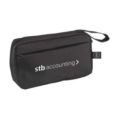 WoW! Pouch for organised and clear storage of cables, chargers and technical accessories. Made from 600D RPET polyester. The inside offers ample storage space, divided into several (mesh) compartments. With zip closure, an extra zip pocket on the exterior and a practical carrying loop. Ideal for travelling, but also handy at home or in the office. GRS-certified. Total recycled material: 88%.