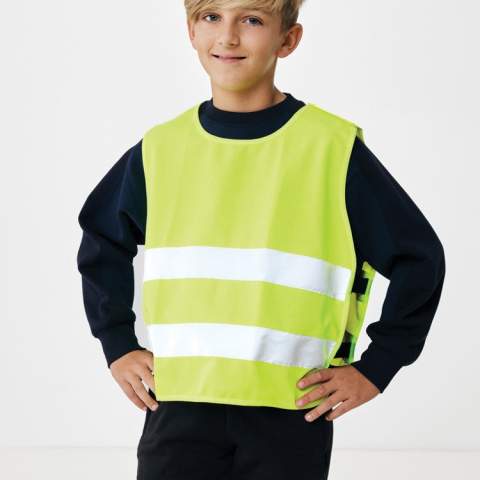 S-sized high-visibility vest designed for children aged 7 to 12, suitable for those with a height ranging from 90 to 155 cm. This vest offers a generous surface area for decoration, both on the front and back. It is equipped with hook and loop closures on the shoulders and at the base, providing additional safety and facilitating effortless vest donning. The opposing elastic bands ensure stretchability, enabling comfortable wear even over bulky coats. This vest has undergone testing and complies with EN 17353:2020 Type AB3. Moreover, it adheres to the PPE guidelines outlined in Regulation (EU) 2016/425 for Personal Protective Equipment Category II.  Made with GRS certified recycled PET. Total recycled content: 58% based on total item weight. GRS certification ensures a completely certified supply chain of the recycled materials.