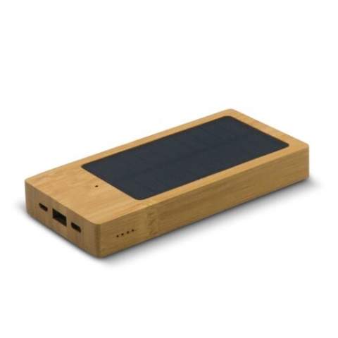 Powerbank with a capacity of 8.000mAh, made of FSC certified bamboo. The sun can recharge this powerbank using the solar panel. The compact size makes it ideal for charging your devices on the go. Charge up to 3 devices at a time. Comes packaged in a gift box. Powerbank charging cable included.