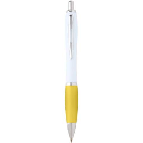 The Nash ballpoint with a stylish curvy design and a soft grip is made of recycled plastic that is hard and solid and thus offers a long life span. Ink colour: Black. Writing length: 1000 metres. Nib size: 1.00 mm.