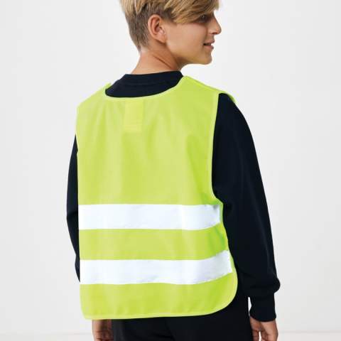 S-sized high-visibility vest designed for children aged 7 to 12, suitable for those with a height ranging from 90 to 155 cm. This vest offers a generous surface area for decoration, both on the front and back. It is equipped with hook and loop closures on the shoulders and at the base, providing additional safety and facilitating effortless vest donning. The opposing elastic bands ensure stretchability, enabling comfortable wear even over bulky coats. This vest has undergone testing and complies with EN 17353:2020 Type AB3. Moreover, it adheres to the PPE guidelines outlined in Regulation (EU) 2016/425 for Personal Protective Equipment Category II.  Made with GRS certified recycled PET. Total recycled content: 58% based on total item weight. GRS certification ensures a completely certified supply chain of the recycled materials.