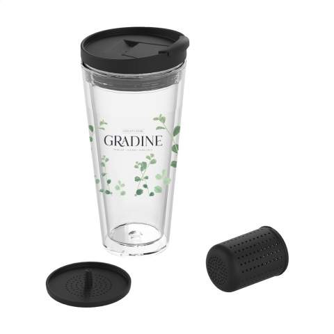 Double-walled, transparent drinking cup with infuser, strainer and lid with resealable opening. Infuse your water with your favourite flavours. Simply, fill the infuser with tea leaves, berries or fruit and create your own taste sensation. Suitable for hot and cold drinks. Not suitable for carbonated liquids. This product is BPA-free. Capacity 350 ml. Made in Germany.