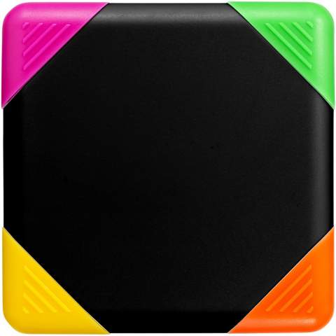 Square-shaped highlighter with chisel tip in yellow, orange, pink and green.