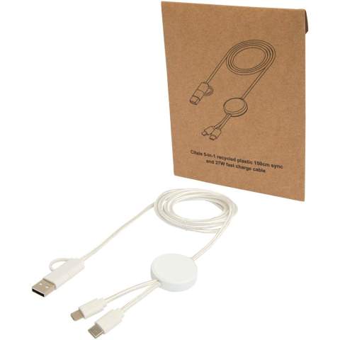 De Citala 5-in-1 datasynchronisatie- en 27 W snellaadkabel is gemaakt van gerecycled plastic. De kabel heeft USB-A- en een Type-C-ingangsconnector gecombineerd met een Type-C- en een Lightning/Micro USB-combi-uitgangsconnector. USB-A naar USB-C levert een uitgangsvermogen van maximaal 27 W en alle andere aansluitmogelijkheden maximaal 15 W. Compatibel met zowel CarPlay en Android Auto. Of je nu thuis, op kantoor of onderweg bent, de Citala kabel levert prestaties en stijl in één compact pakket. Kabellengte: 150 cm.