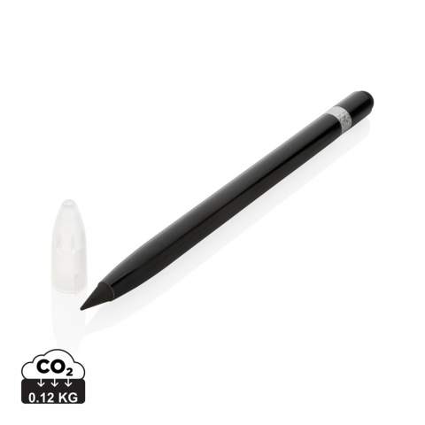 Deze inktloze pen met gum vervangt je traditionele potlood. Het heeft een schrijflengte tot ongeveer 20.000 meter met behulp van een grafietpunt om een grafietlijn te produceren. Het heeft een strakke en moderne uitstraling met het aluminium en aan de bovenkant vind je een gum.