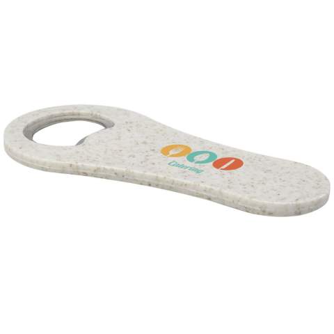 Bottle opener made of wheat straw for opening bottles of beer, soft drinks, etc. Wheat straw is left over stalk after wheat grains are harvested, which reduces the amount of plastic used.