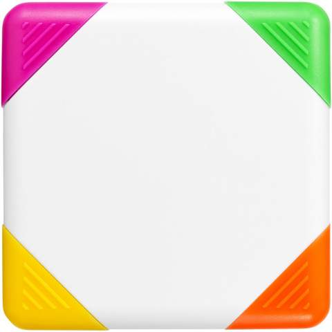 Surligneur de forme carrée à pointe biseautée en jaune, orange, rose et vert.