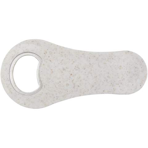 Bottle opener made of wheat straw for opening bottles of beer, soft drinks, etc. Wheat straw is left over stalk after wheat grains are harvested, which reduces the amount of plastic used.