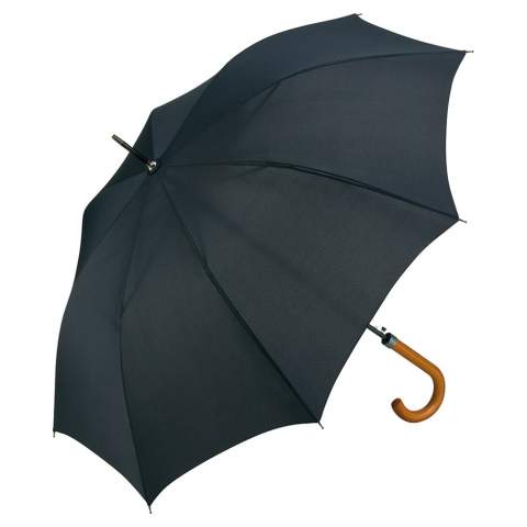 Attractively priced automatic regular umbrella with burned wooden crook handle Convenient automatic function for quick opening, windproof features for higher frame flexibility and stability in windy conditions, flexible fibreglass ribs, handle with laser-competent handle ring, higher corrosion protection due to galvanized steel shaft