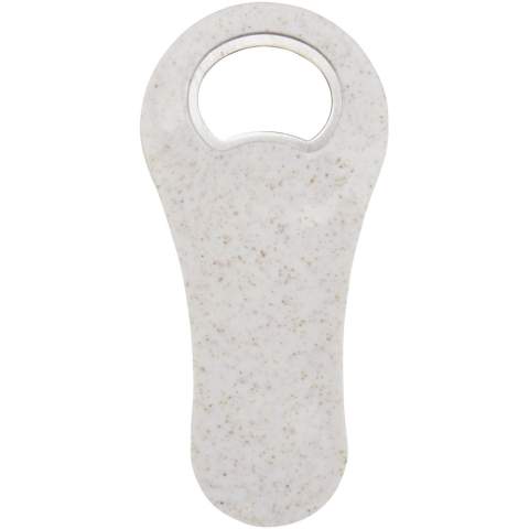 Bottle opener made of wheat straw for opening bottles of beer, soft drinks, etc. Wheat straw is left over stalk after wheat grains are harvested, which reduces the amount of plastic used.