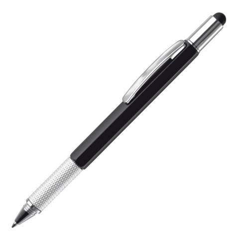 Stylo bille multifonction avec pointe pour écran tactile, un niveau à bulle, tournevis plat et règle. Equipé d'une cartouche d'encre bleue.
