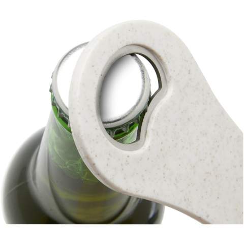 Bottle opener made of wheat straw for opening bottles of beer, soft drinks, etc. Wheat straw is left over stalk after wheat grains are harvested, which reduces the amount of plastic used.