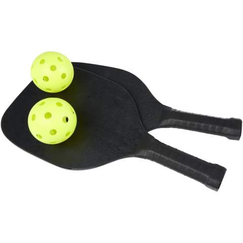This paddle set made of poplar wood provides a lot of fun and exercise for two on the beach, in the park or the garden. The paddles have a size of 40 x 20 x 0.7 cm and are painted in black colour, providing large surface for printing any logo. The handles are wrapped with PU tape giving maximum grip during an intense game. The set is completed with 2 balls made from PP material and is packed in a mesh polyester storage pouch with a size of 45 x 26 cm.
