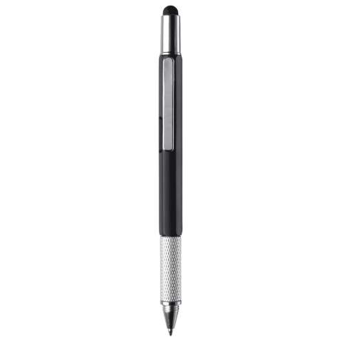 Stylo bille multifonction avec pointe pour écran tactile, un niveau à bulle, tournevis plat et règle. Equipé d'une cartouche d'encre bleue.